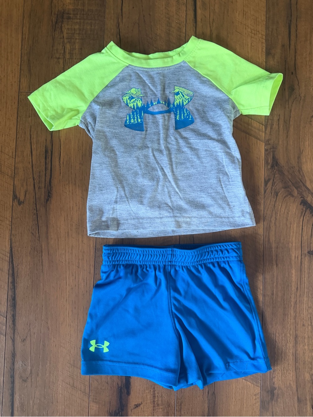 Under Armour Gray Tee with Neon Green Sleeves & Blue Shorts Kids Matching Set